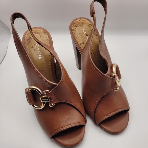 Coach Shoes - Coach Womens Brown Leather Peep Toe Slingback Block Heel Sandals Gold Buckle 6.5